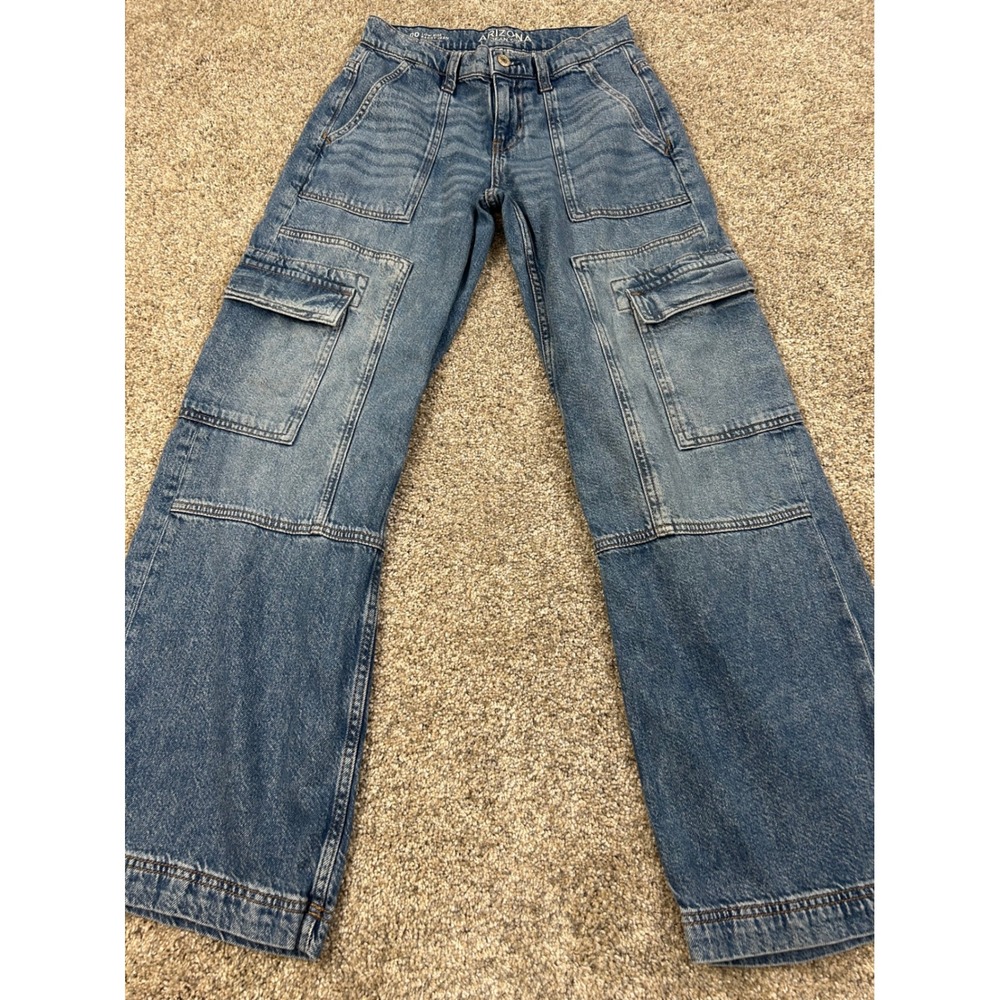 Arizona Jean Co Womens 00 Low Rise Baggy Cargo‎ Jeans Medium Wash Utility #0649